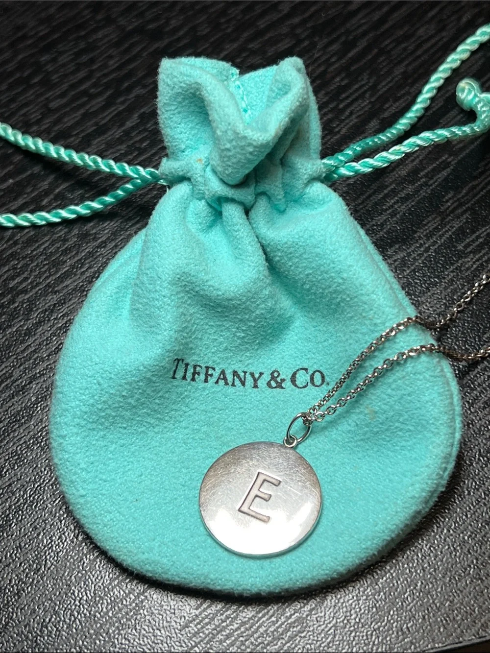 VTG Tiffany & Co. Sterling Silver Monogram Name Initial E Disc Pendant Necklace
